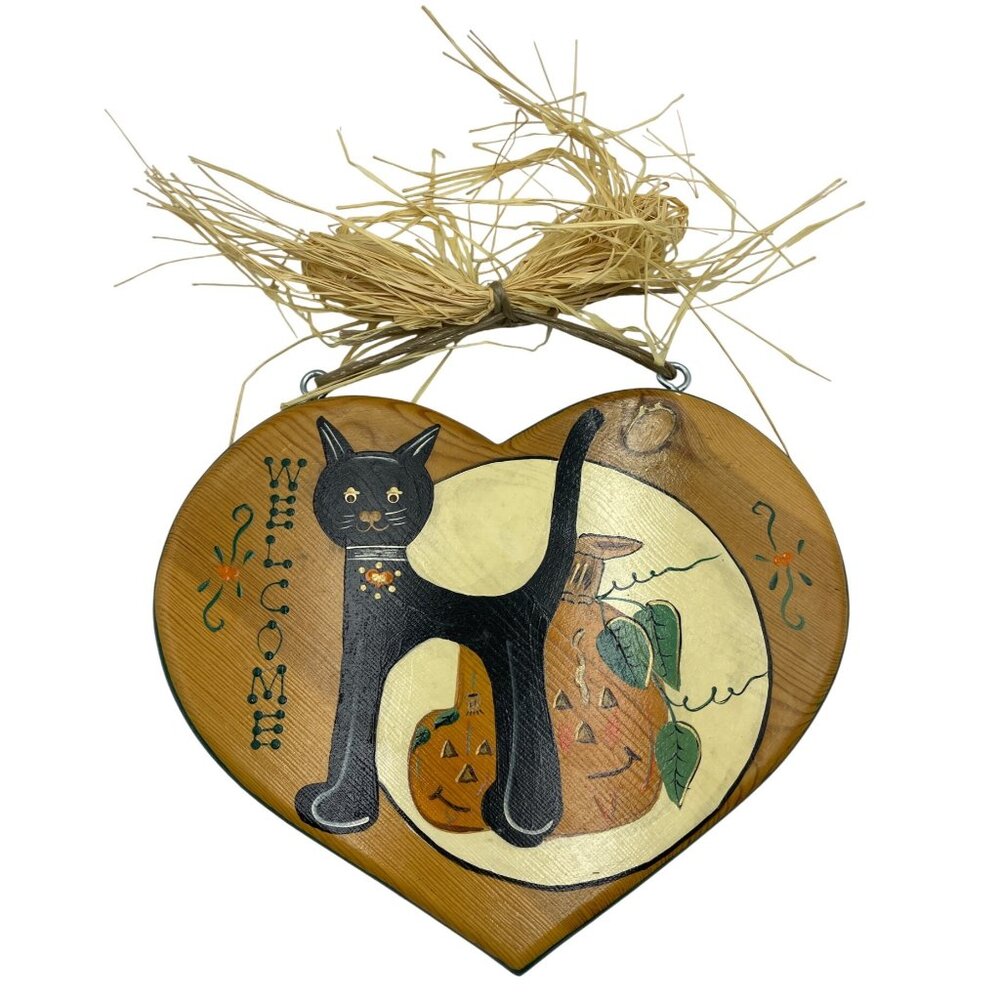 Halloween Heart-Shaped Wooden "Welcome" Sign W/ Black Cat & Pumpkin Design